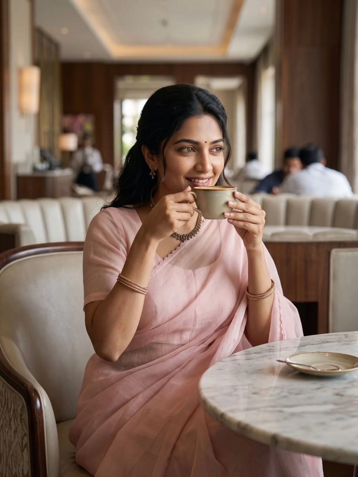 Woman wearing a soft pink saree with a subtle border and matching blouse indoors.