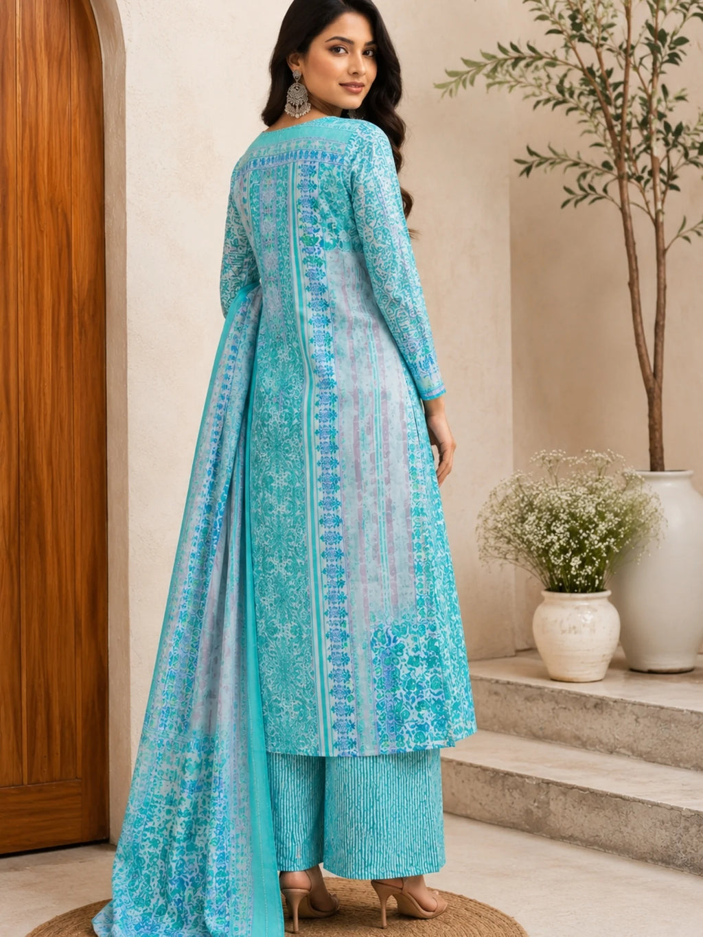 Woman wearing a turquoise printed kurta palazzo set with a matching flowing dupatta.