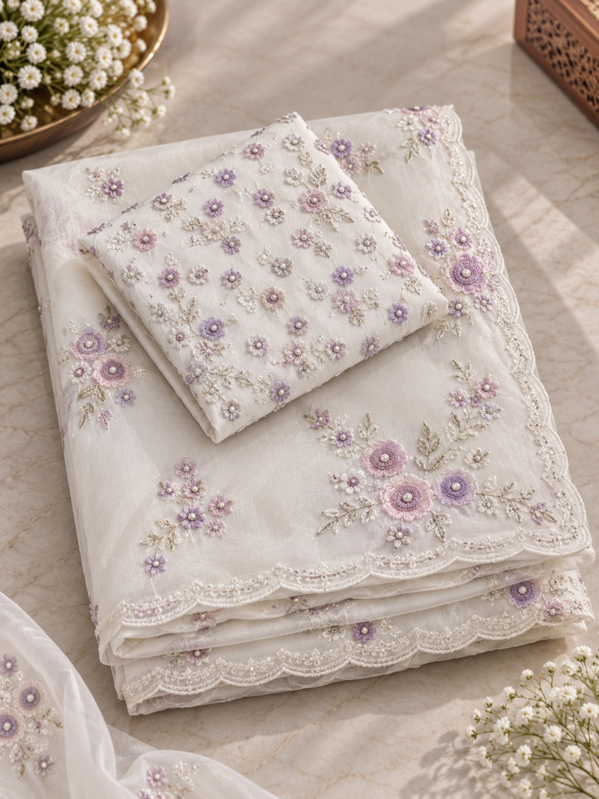 Woman wearing a white saree with lavender floral prints, standing on an elegant staircase.