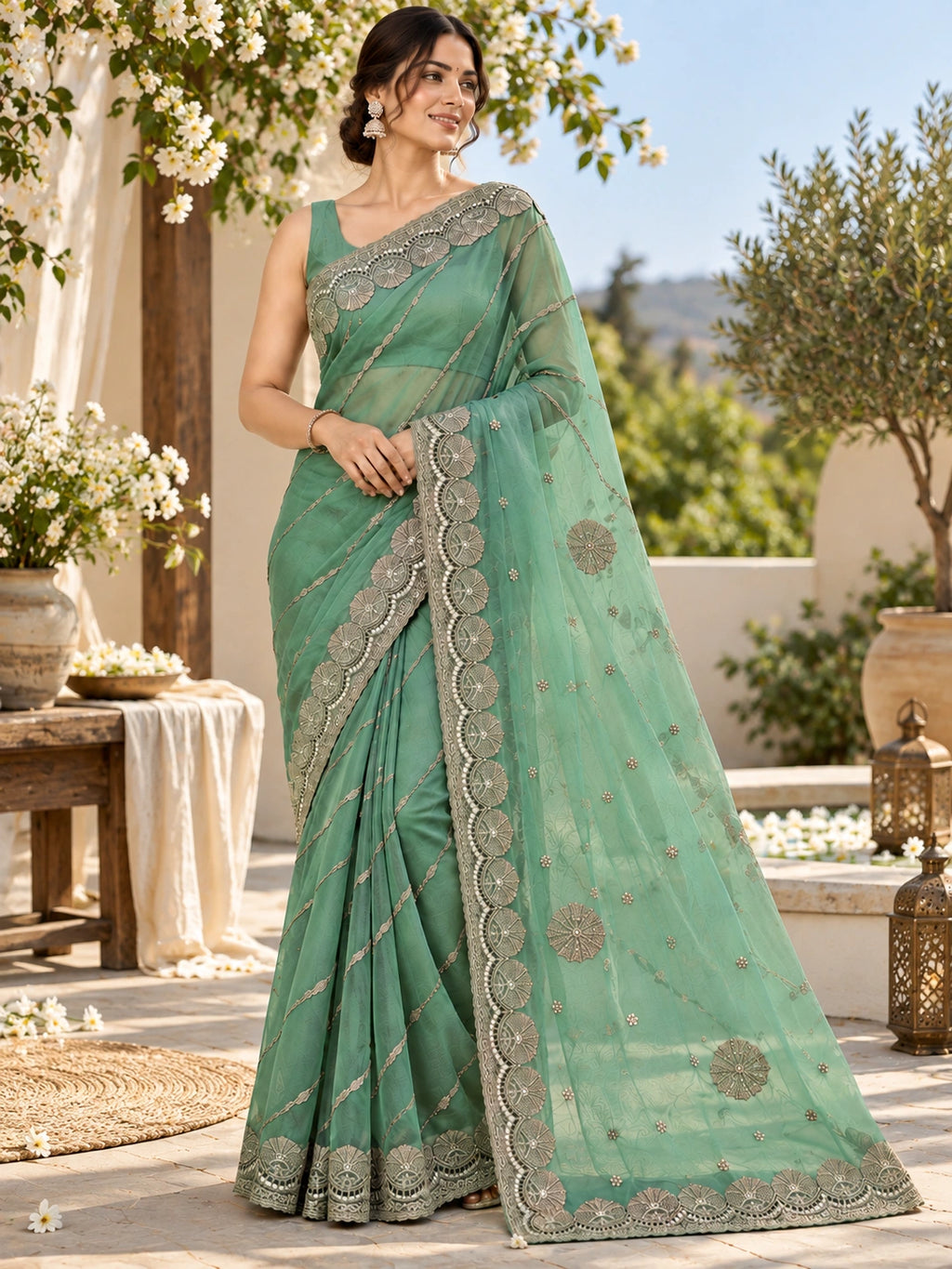 Mint Green Tissue Silk Designer Saree with Embellished Border & Floral Motifs