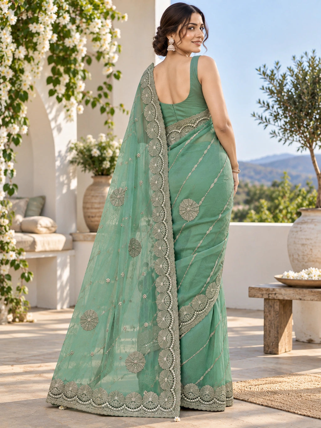 Mint Green Tissue Silk Designer Saree with Embellished Border & Floral Motifs