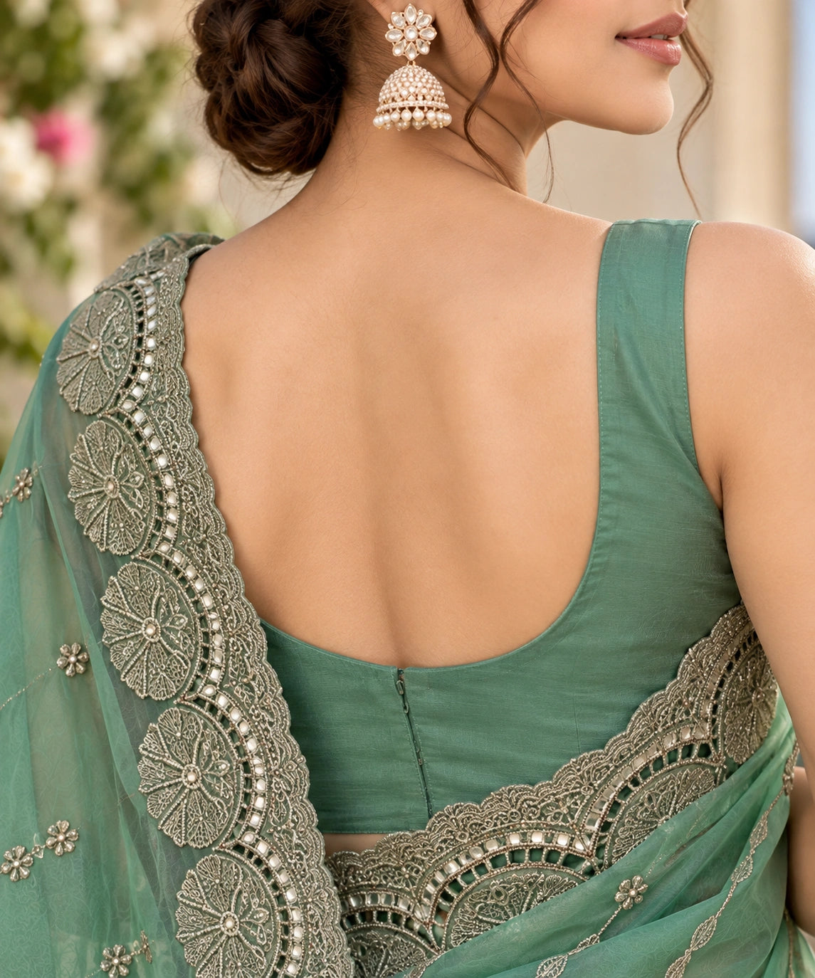 Mint Green Tissue Silk Designer Saree with Embellished Border & Floral Motifs