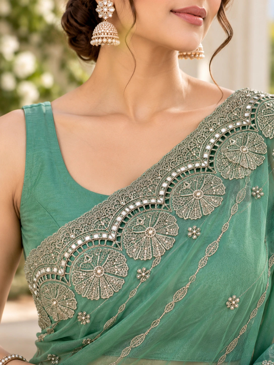 Mint Green Tissue Silk Designer Saree with Embellished Border & Floral Motifs