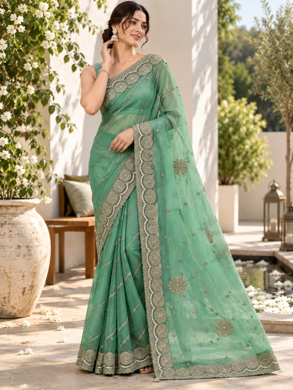 Mint Green Tissue Silk Designer Saree with Embellished Border & Floral Motifs