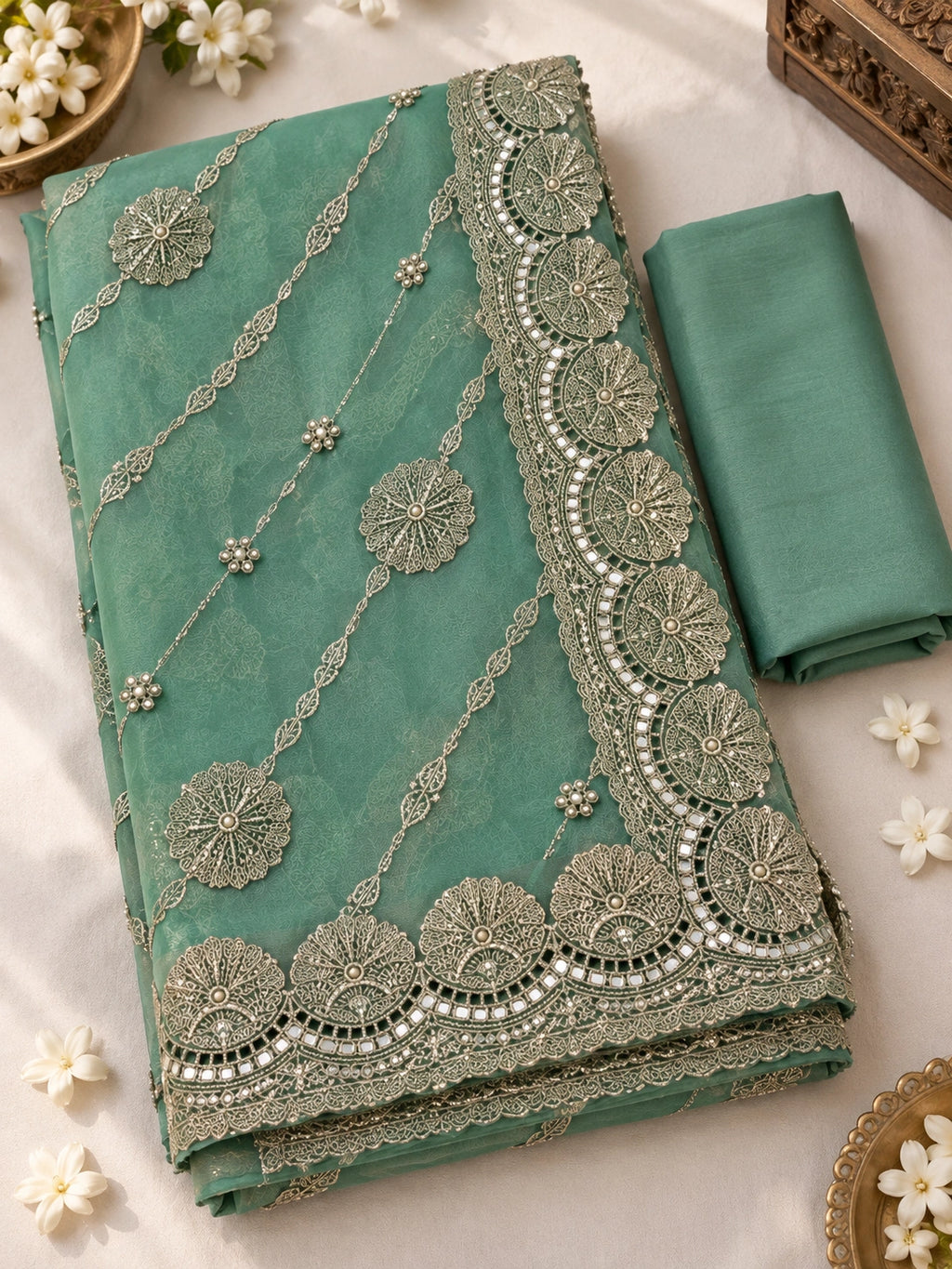 Mint Green Tissue Silk Designer Saree with Embellished Border & Floral Motifs